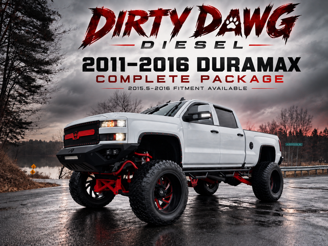 2011–2016 Duramax LML complete package — Dirty Dawg Diesel white customer truck